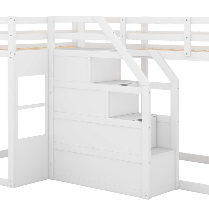 Twin over Twin L-Shaped Bunk Bed withStorage Staircase - White