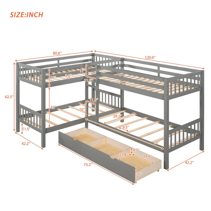Twin over Twin L-Shaped Bunk Bed with Drawers - Gray
