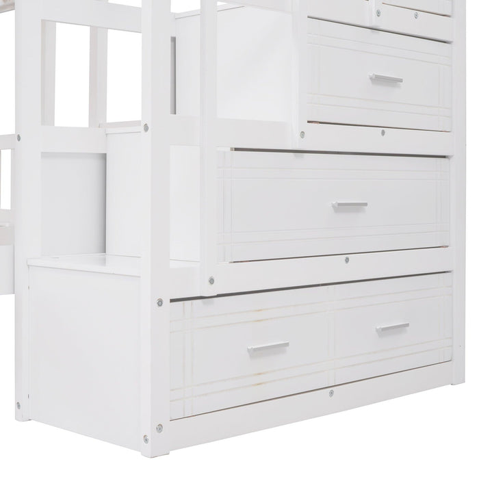 Full over Twin and Twin Bunk Bed with Drawers and Guardrail - White