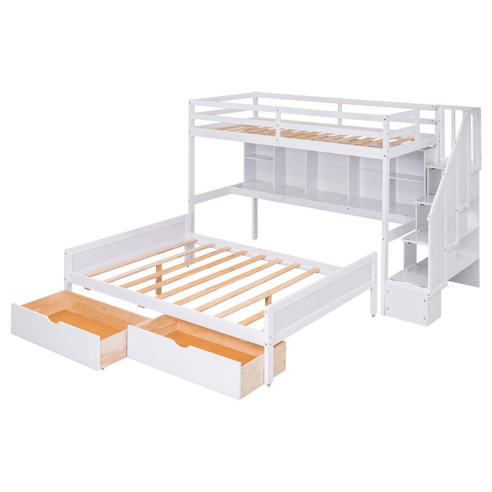 Twin XL over Full Bunk Bed withStorage Shelves, Drawers andStorage Staircase - White
