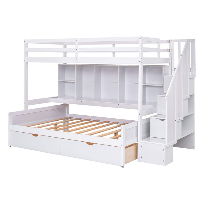 Twin XL over Full Bunk Bed withStorage Shelves, Drawers andStorage Staircase - White