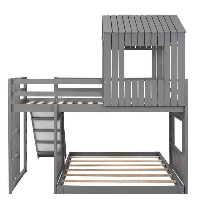Twin Over Full House Shaped Bunk Bed with Ladder, Slide and Guardrails - Gray