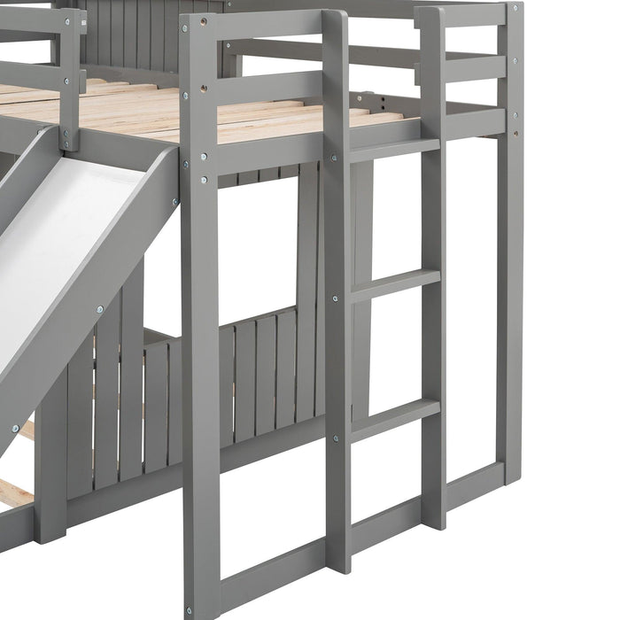 Twin Over Full House Shaped Bunk Bed with Ladder, Slide and Guardrails - Gray