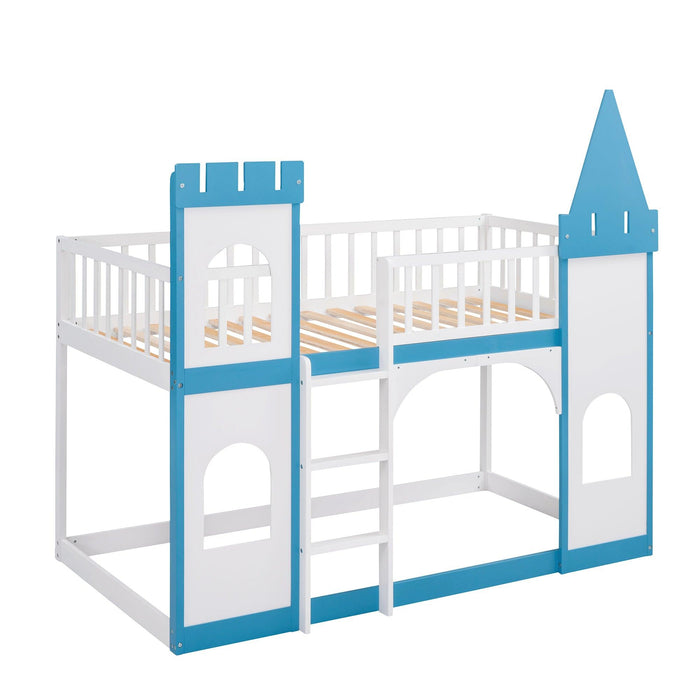 Twin Over Twin Castle Shaped Bunk Bed with Ladder - Blue
