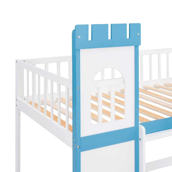Twin Over Twin Castle Shaped Bunk Bed with Ladder - Blue