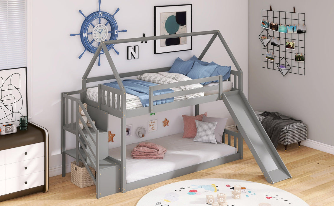 Twin over Twin House Bunk Bed with Slide andStorage Staircase - Gray