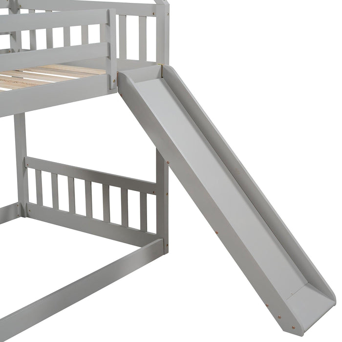 Twin over Twin House Bunk Bed with Slide andStorage Staircase - Gray