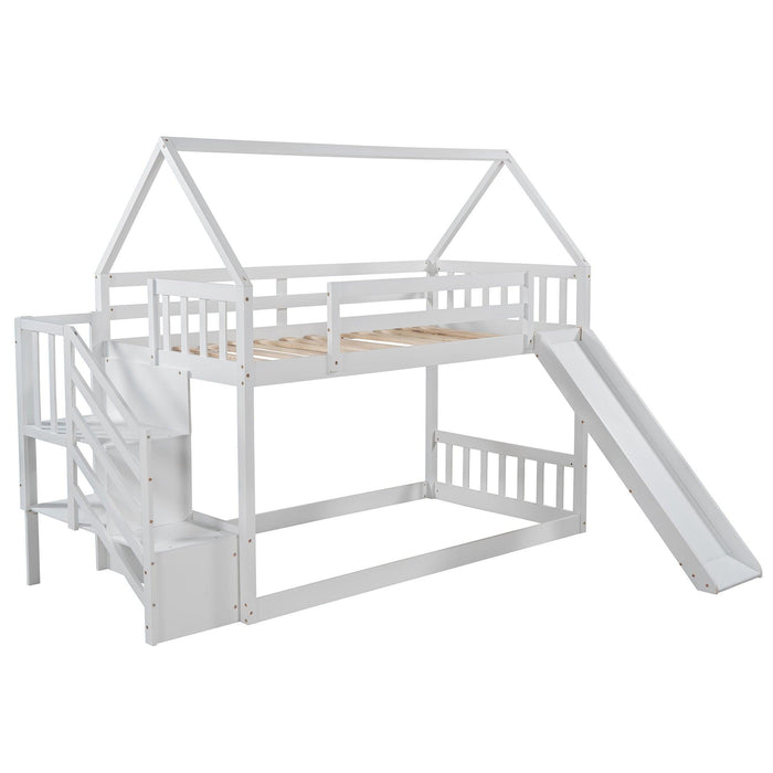 Twin over Twin House Bunk Bed with Slide andStorage Staircase - White