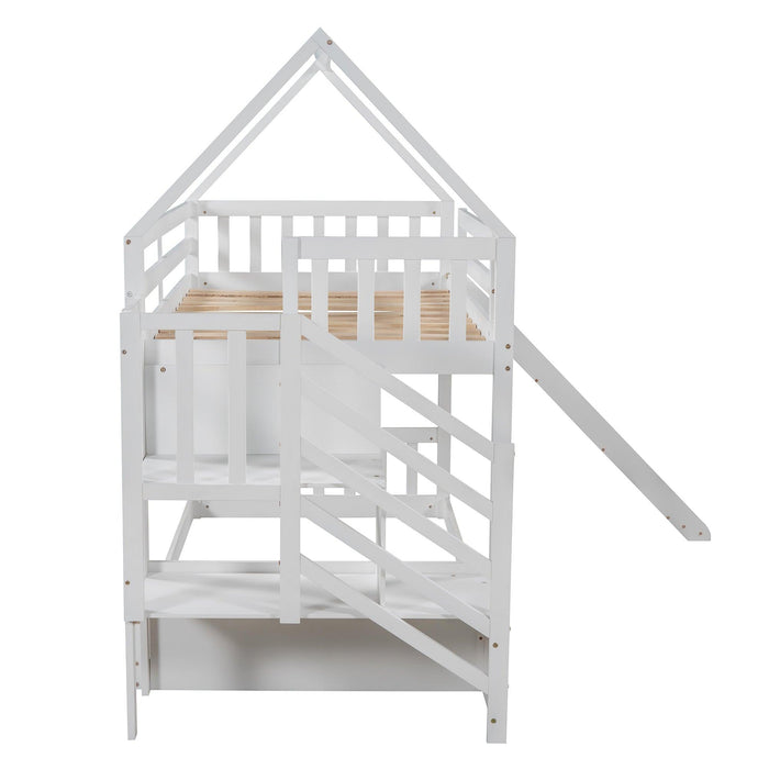 Twin over Twin House Bunk Bed with Slide andStorage Staircase - White