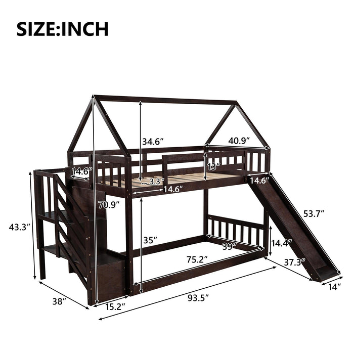 Twin over Twin House Bunk Bed with Slide andStorage Staircase - Espresso