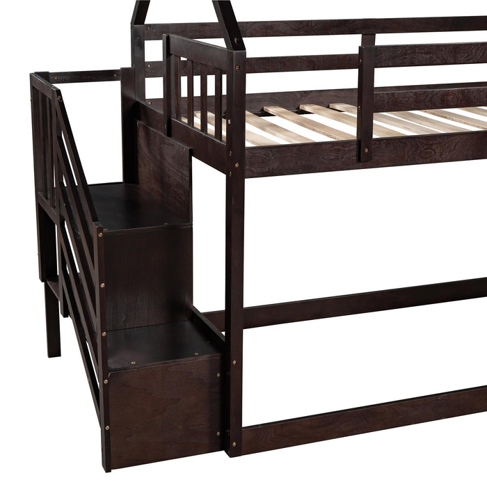 Twin over Twin House Bunk Bed with Slide andStorage Staircase - Espresso