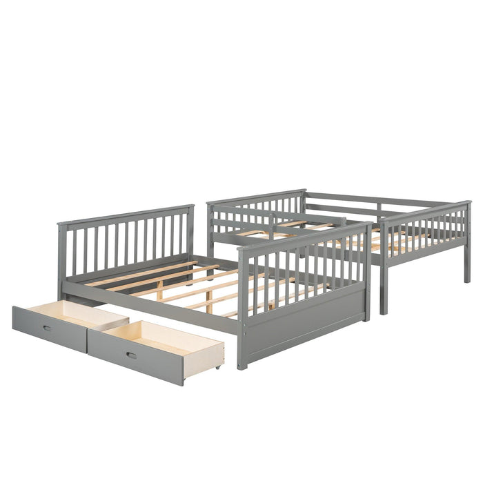 Full over Full Bunk Bed with Ladders and TwoStorage Drawers - Gray