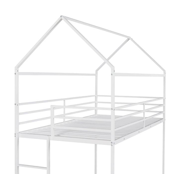 Twin over Twin Metal House Shaped Bunk Beds with Built-in Ladder - White