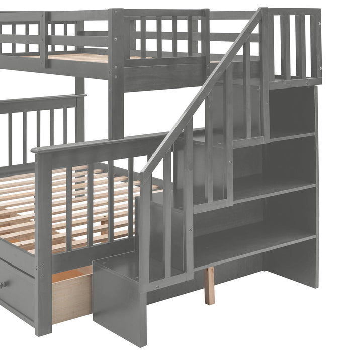 Twin Over Full Bunk Bed with Drawer andStorage Staircase - Gray