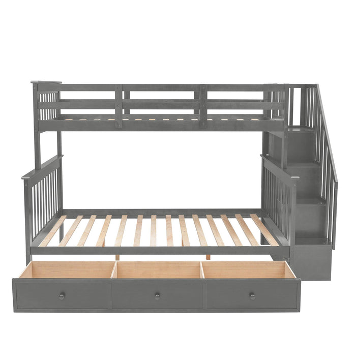 Twin Over Full Bunk Bed with Drawer andStorage Staircase - Gray