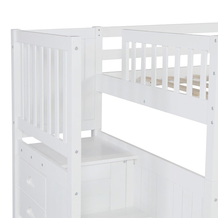 Full over Full Convertible Bunk Bed with Twin Size Trundle and Staircase Drawers - White