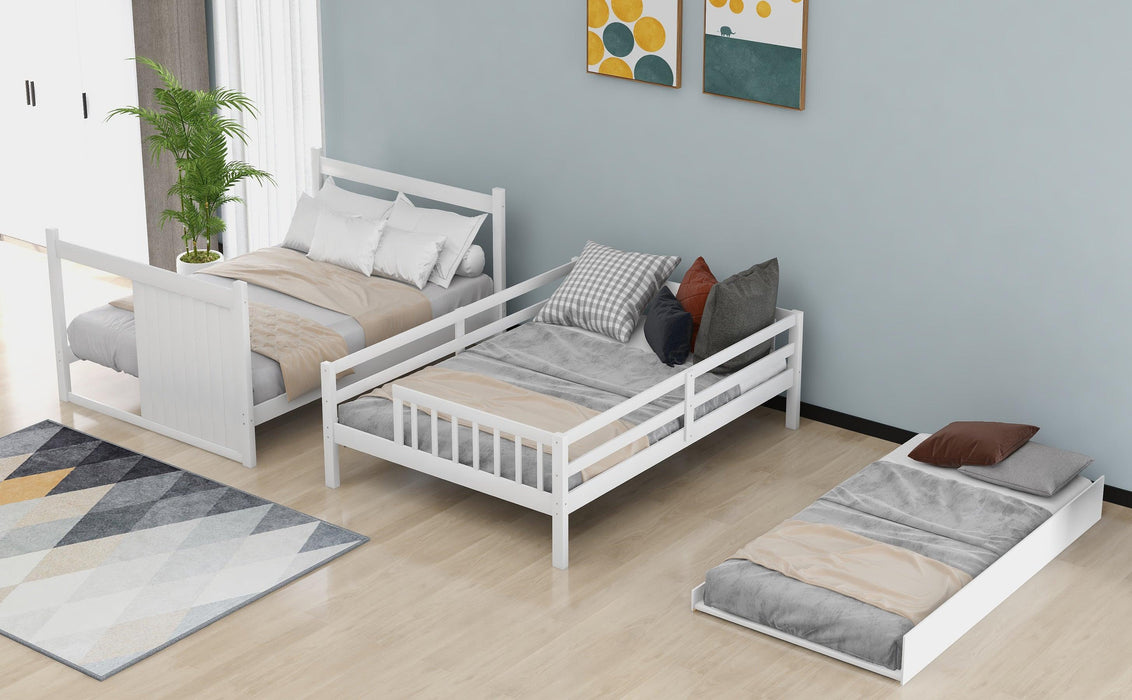 Full over Full Convertible Bunk Bed with Twin Size Trundle and Staircase Drawers - White