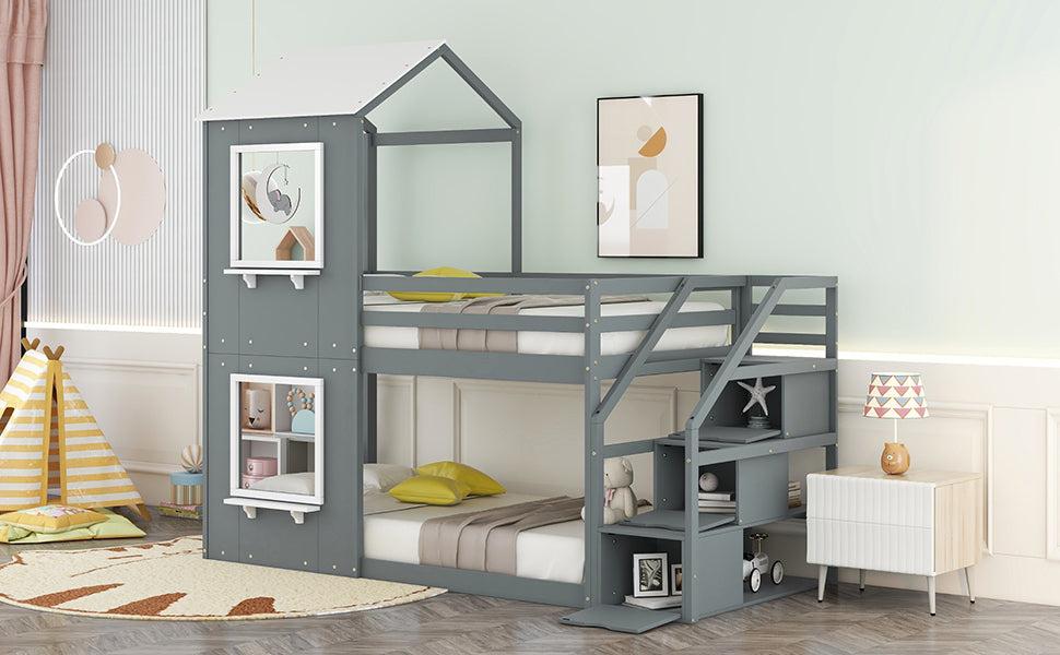 Twin over Twin House Shaped Bunk Bed withStorage Stairs, Guardrail and Ladder - Gray and White