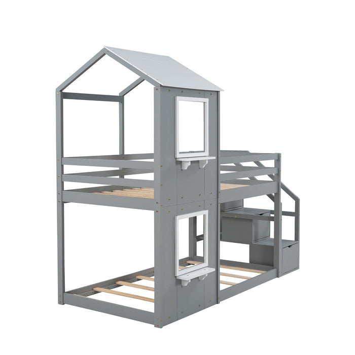 Twin over Twin House Shaped Bunk Bed withStorage Stairs, Guardrail and Ladder - Gray and White