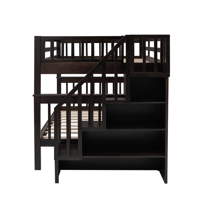 Full over Full Bunk Bed withStorage Staircase and Guard Rail - Espresso