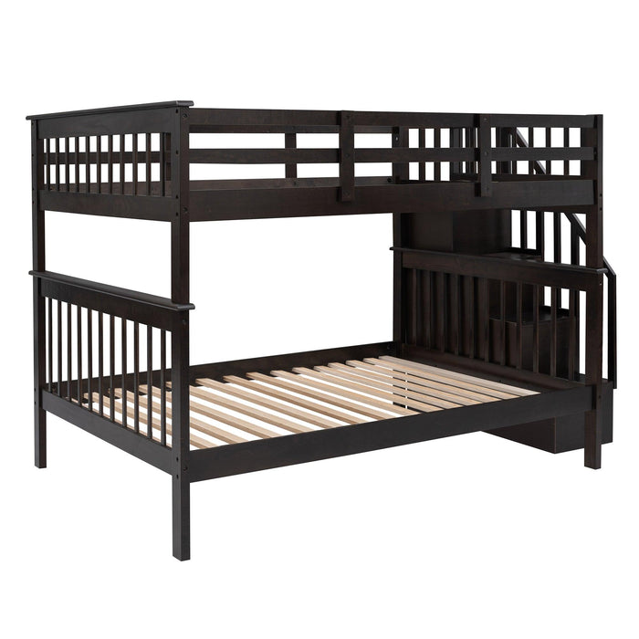 Full over Full Bunk Bed withStorage Staircase and Guard Rail - Espresso
