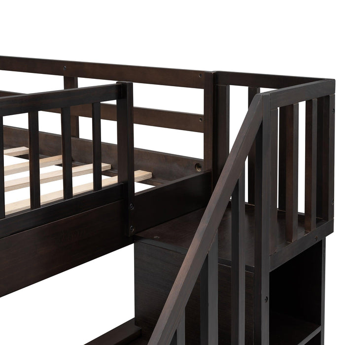 Full over Full Bunk Bed with Drawer,Storage Staircase and Guard Rail - Espresso