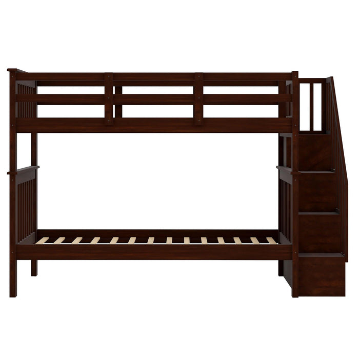 Twin Over Twin Bunk Bed withStorage Staircase and Guard Rail - Espresso color