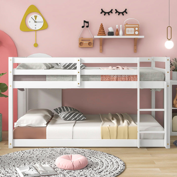 Twin over Twin Floor Bunk Bed with Ladder - White