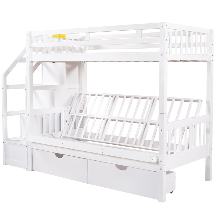 Twin over Full Convertible Bunk Bed withStorage Staircase and Drawers - White