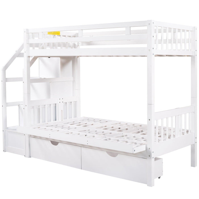 Twin over Full Convertible Bunk Bed withStorage Staircase and Drawers - White