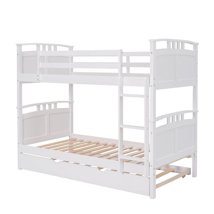 Twin Over Twin Convertible Bunk Bed with Twin Size Trundle and Ladder - White