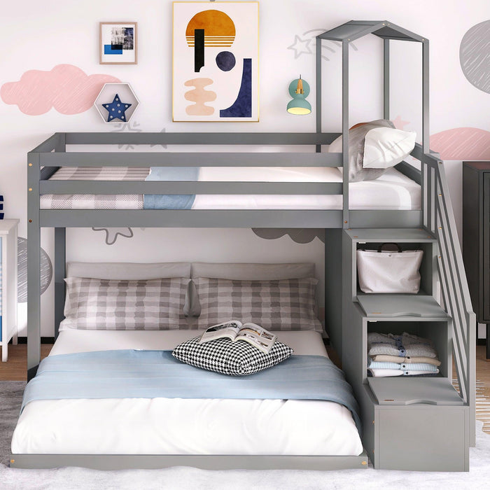 Twin over Full House Roof Bunk Bed with Staircase Drawers and Shelves - Gray
