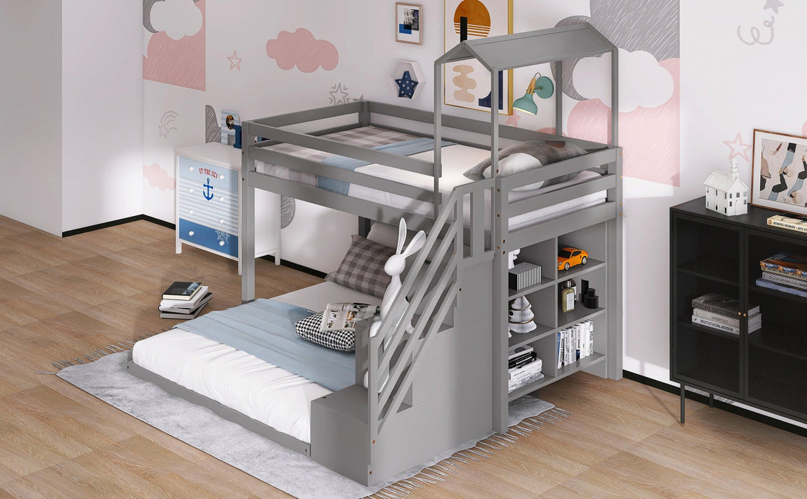 Twin over Full House Roof Bunk Bed with Staircase Drawers and Shelves - Gray