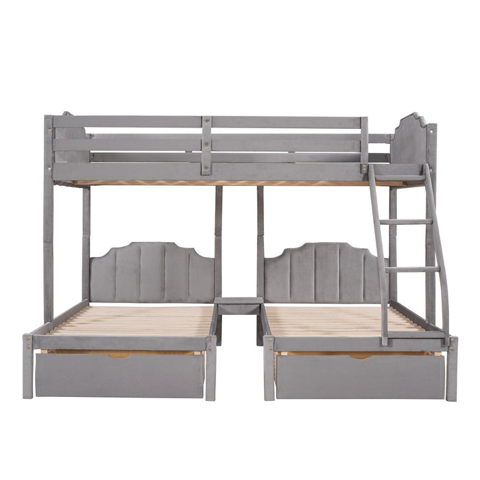 Full over Twin and Twin Bunk Bed with Drawers and Guardrails - Gray