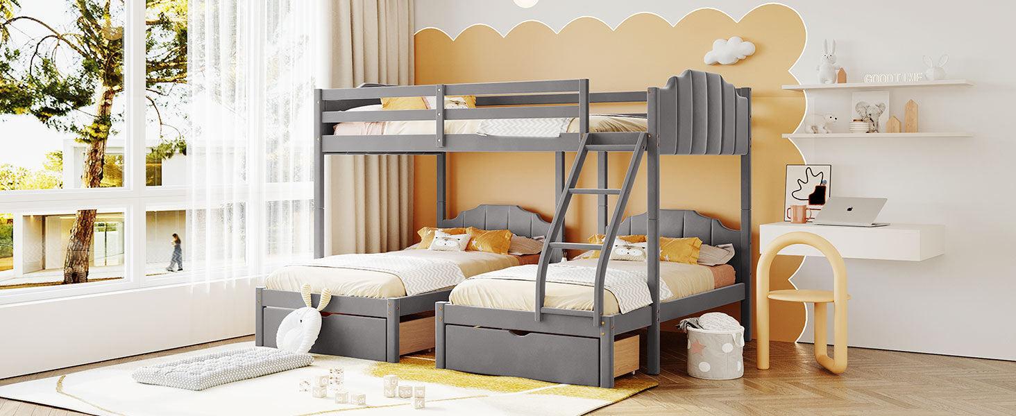 Full over Twin and Twin Bunk Bed with Drawers and Guardrails - Gray