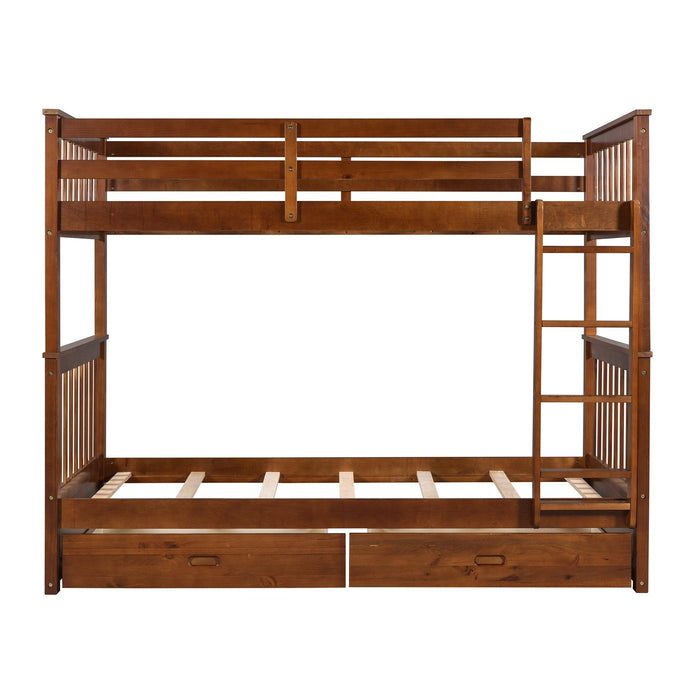 Twin over Twin Bunk Bed with Ladders and TwoStorage Drawers - Walnut