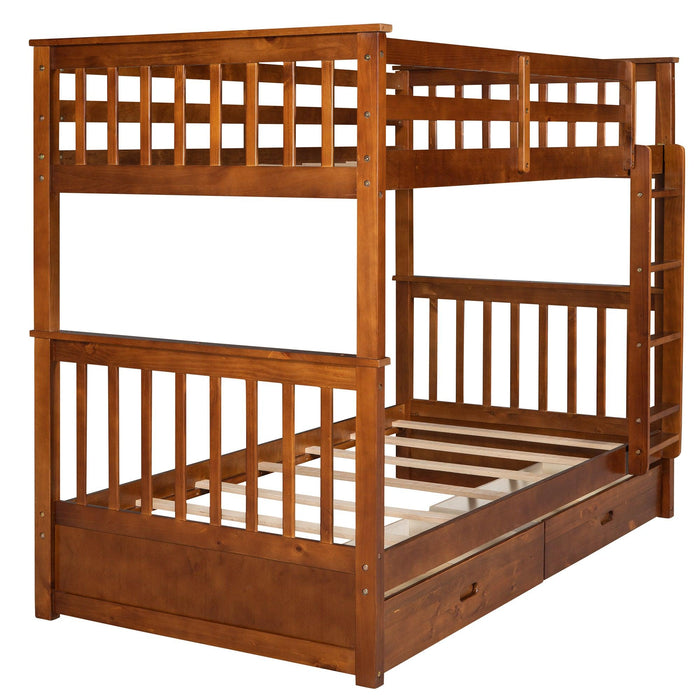 Twin over Twin Bunk Bed with Ladders and TwoStorage Drawers - Walnut