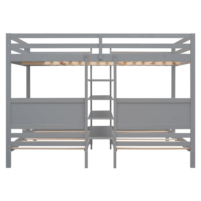 Full XL over Twin and Twin Bunk Bed with Built-in Shelves and Ladder - Gray