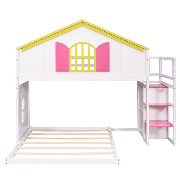Twin over Full House Bunk Bed with Pink Staircase, Drawer and Shelves - White