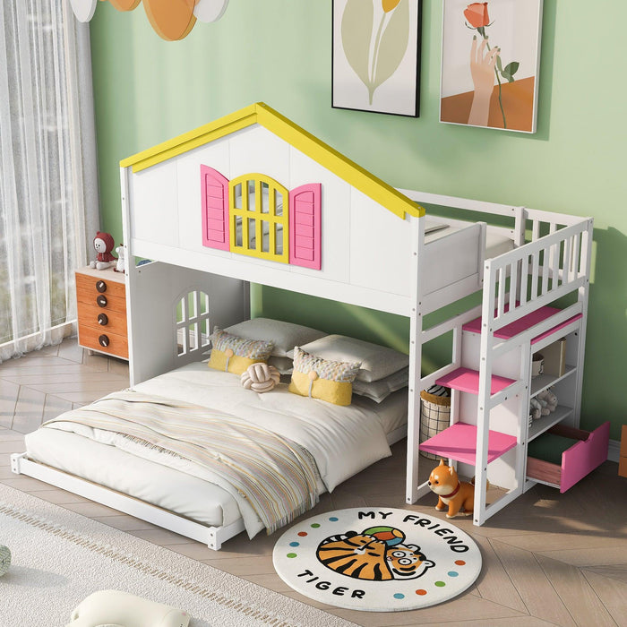 Twin over Full House Bunk Bed with Pink Staircase, Drawer and Shelves - White