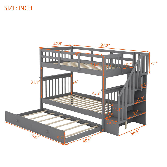 Twin Over Twin Bunk Bed with Twin Size Trundle andStorage Staircase - Gray