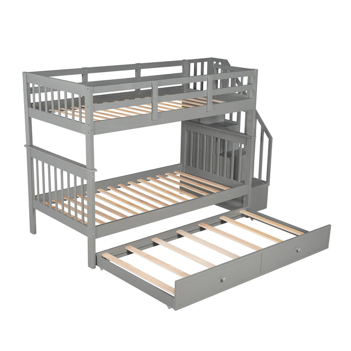 Twin Over Twin Bunk Bed with Twin Size Trundle andStorage Staircase - Gray