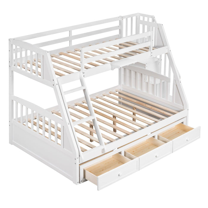 Twin Over Full Convertible Bunk Bed with Drawers, Ladders andStorage Staircase - White