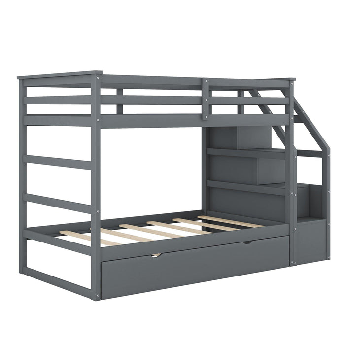 Twin over Twin Bunk Bed withStorage Staircase and Twin Size Trundle Bed - Gray