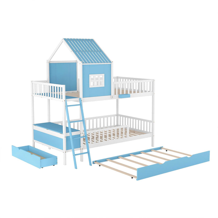 Full over Full Bunk Bed with Twin Size Trundle,Storage Box and Drawer - Blue