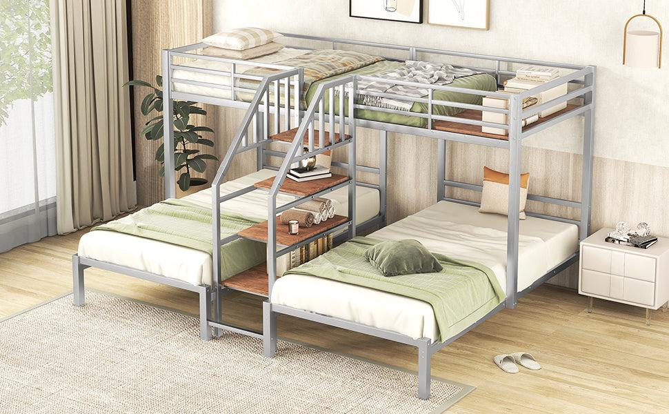 Twin over Twin and Twin Metal Bunk Bed withStorage Shelves Staircase - Silver