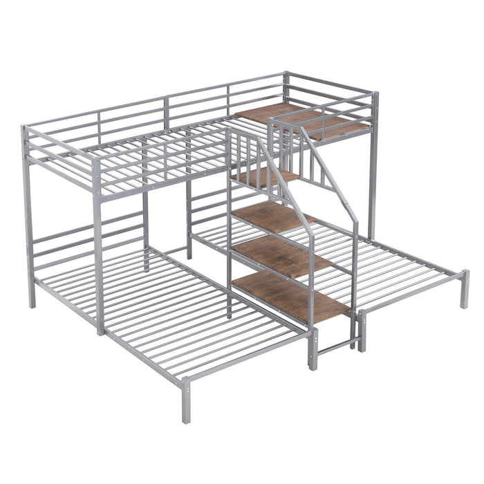 Twin over Twin and Twin Metal Bunk Bed withStorage Shelves Staircase - Silver