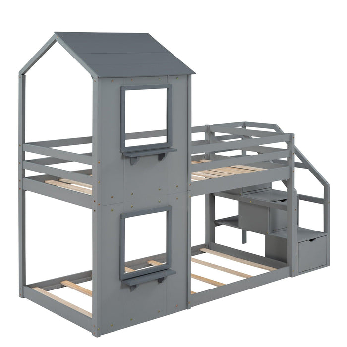 Twin over Twin House Shaped Bunk Bed withStorage Stairs, Guardrail and Ladder - Gray