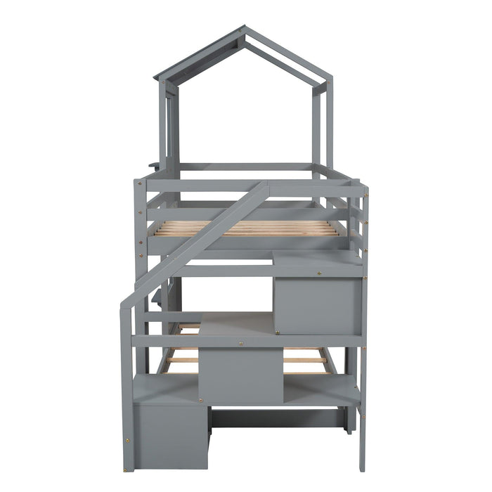 Twin over Twin House Shaped Bunk Bed withStorage Stairs, Guardrail and Ladder - Gray