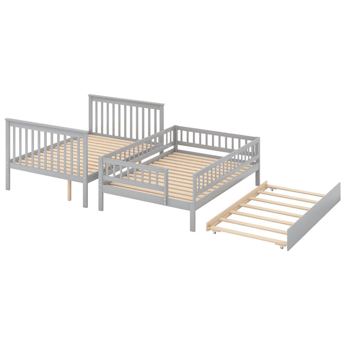 Full over Full Bunk Bed with Twin Size Trundle andStorage Staircase - Gray